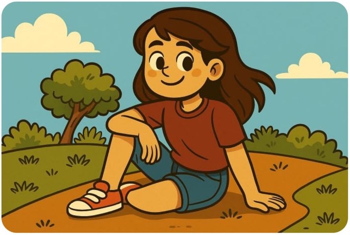 Ilustração de criança sentada sorrindo ao ar livre